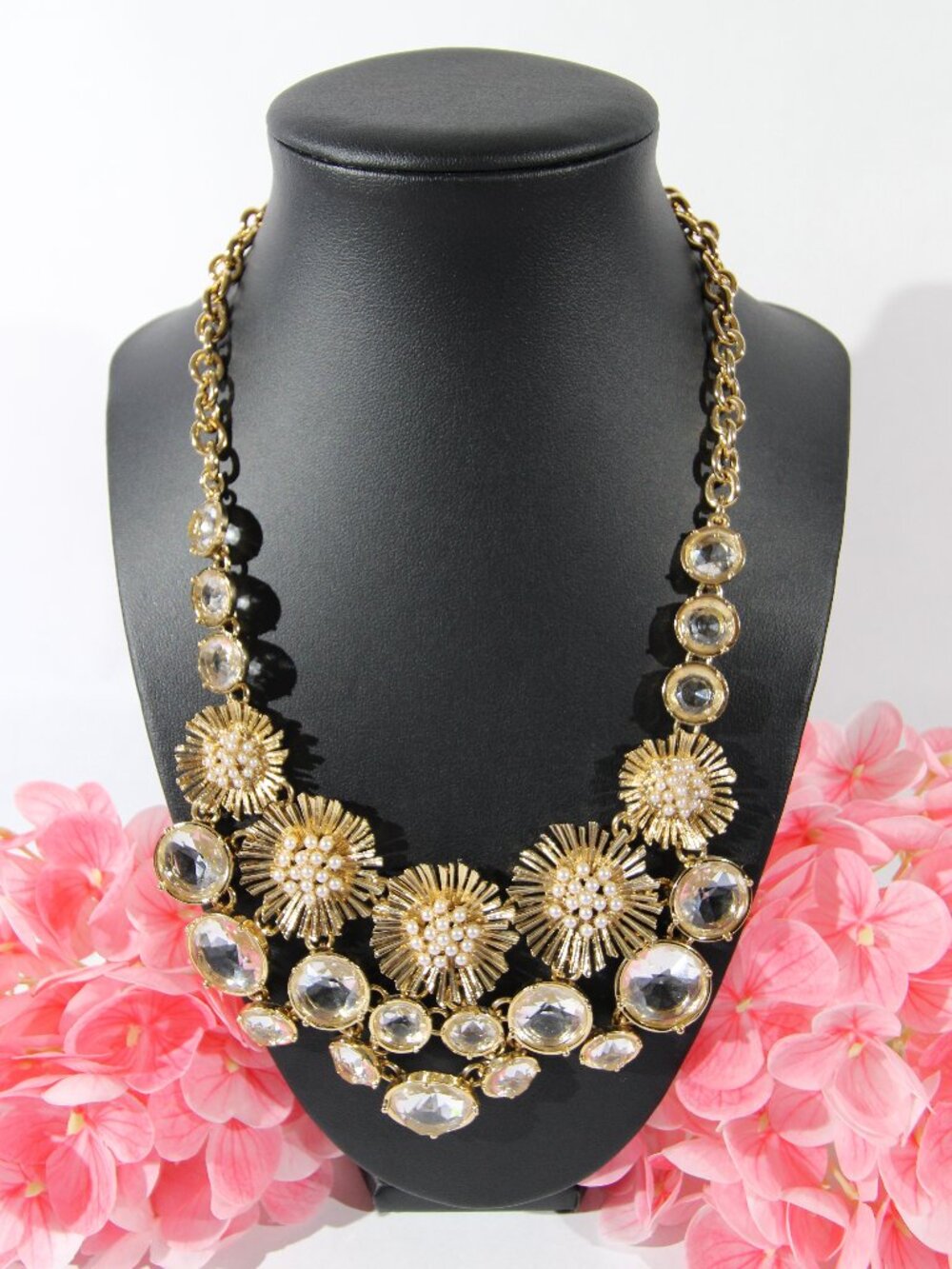 Talbots Gold-Tone Statement Bib Necklace with Clear Rhinestones and Faux Pearls